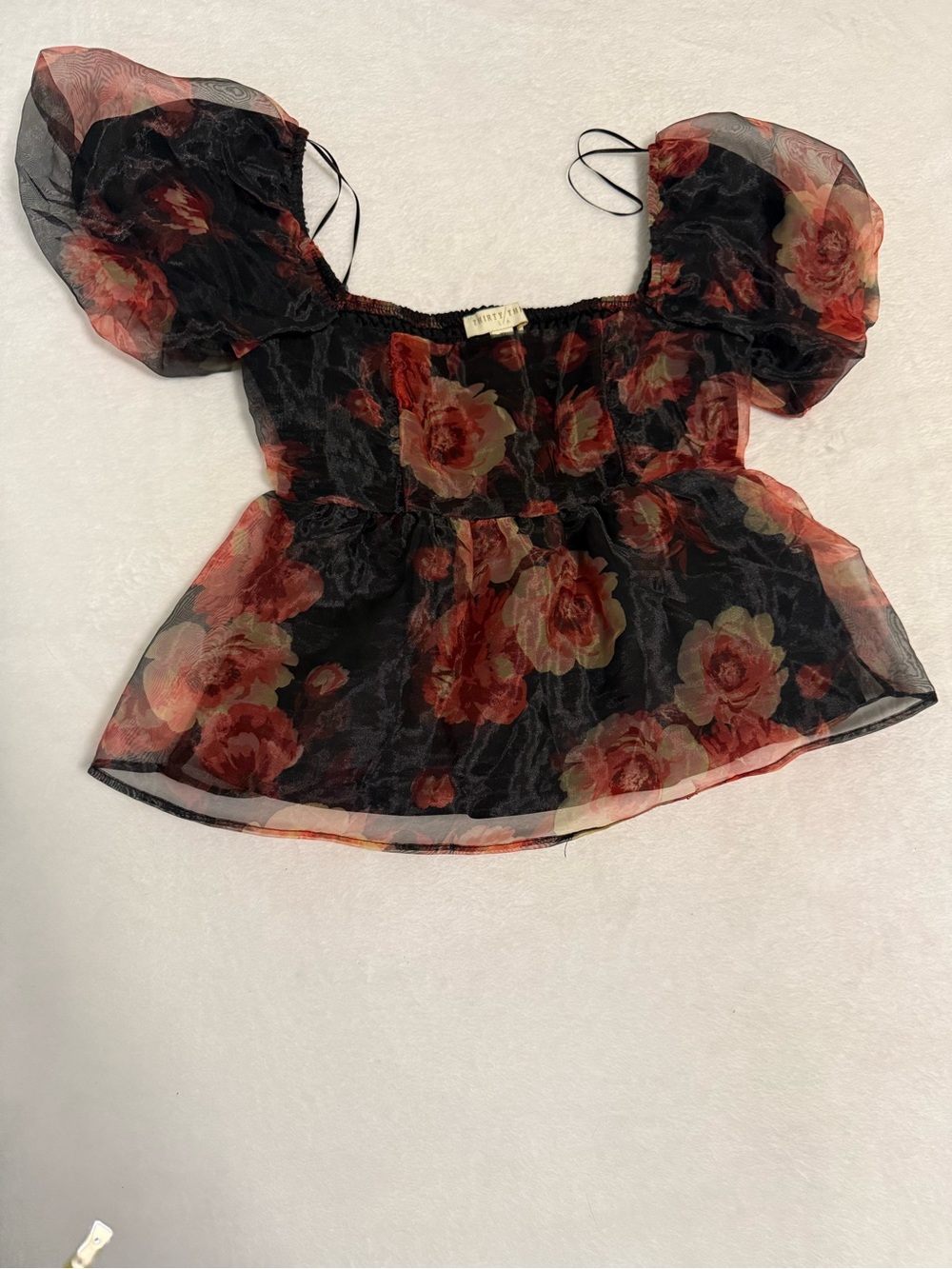 Thirty Thirty Women’s Small Black Sheer Floral Organza Puff Sleeve Peplum Blouse